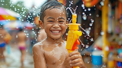 Thai children having fun with water cannons during Songkran