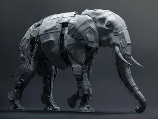 Fototapeta na wymiar Cyber Elephant, robust grays and wireframe textures showcasing strength and memory