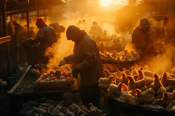 A poultry farmer carefully sorts eggs amidst the warm glow of sunrise at a bustling chicken farm. - obrazy, fototapety, plakaty