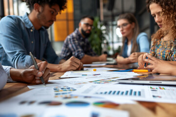 A focused group of professionals engaged in analyzing financial charts and data during a collaborative team meeting.