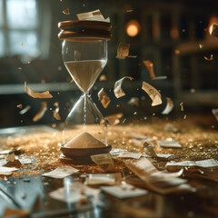 Dramatic shot of a broken hourglass with financial papers, representing time running out on savings - obrazy, fototapety, plakaty