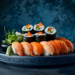 Dynamic shot of Sushi platter, with salmon nigiri and wasabi rising, set against a deep ocean blue background