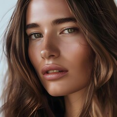 Obraz premium A close-up portrait of a model with shiny brown hair and smooth glowing skin, ideal for advertising beauty and hair care products.