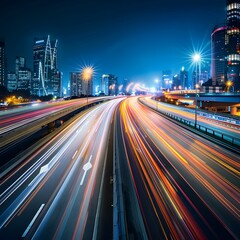 Dynamic abstract cityscape of night highway lights with blurred motion effects, illustrating the vibrant energy of urban traffic flow.