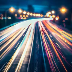 Muurstickers Dynamic abstract cityscape of night highway lights with blurred motion effects, illustrating the vibrant energy of urban traffic flow. © Hasanul