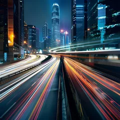 Meubelstickers Dynamic abstract cityscape of night highway lights with blurred motion effects, illustrating the vibrant energy of urban traffic flow. © Hasanul
