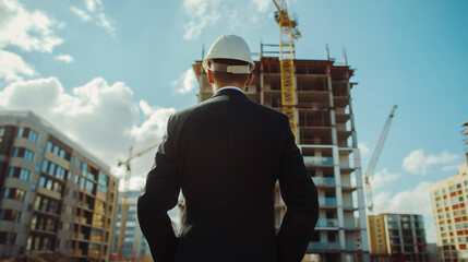  Business and architect concept. Businessman checking the construction site. Officials visiting the construction site. - obrazy, fototapety, plakaty
