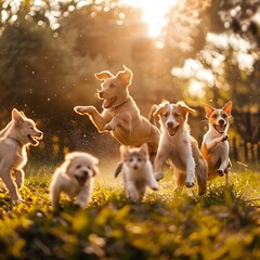 Playful and heartwarming moment in a sunlit field where a group of cute dogs and cats happily jump and run together, creating a joyful and lively atmosphere.