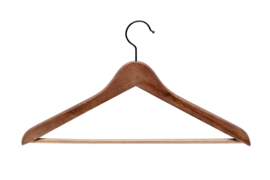 wooden clothes hanger isolated on transparent background, PNG clip art.