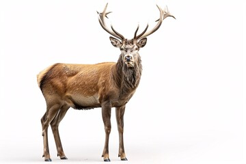 a deer with antlers standing on a white background - obrazy, fototapety, plakaty