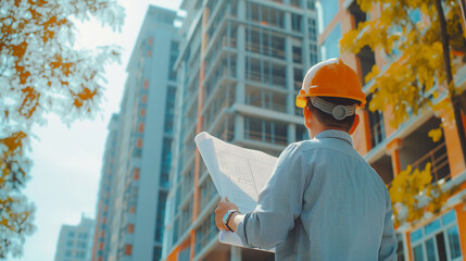  Business and architect concept. Architect  checking the construction site. Officials visiting the construction site. - obrazy, fototapety, plakaty