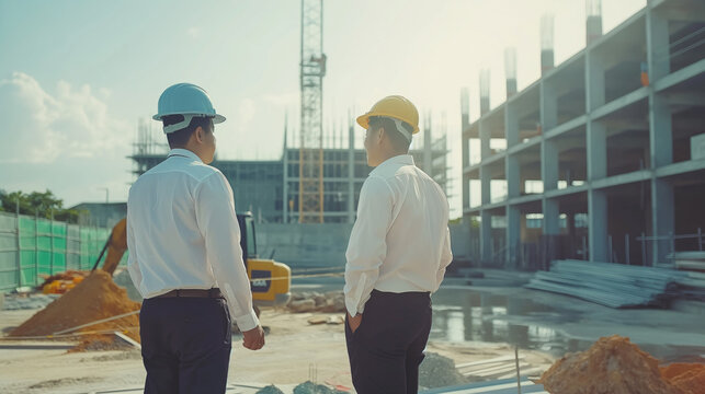 Business and architect concept. Architect and business construction man checking the construction site. Officials visiting the construction site.