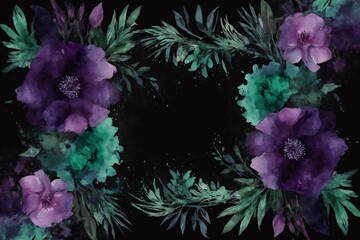 abstract watercolor frame of purple flowers on black background