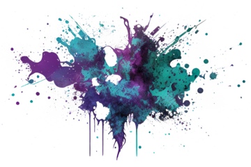 Multicolored purple and teal abstract paint splash with drips isolated on transparent background, png file.