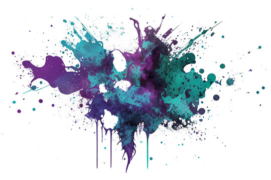 Multicolored purple and teal abstract paint splash with drips isolated on transparent background, png file.