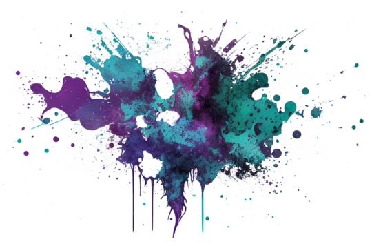 Multicolored purple and teal abstract paint splash with drips isolated on transparent background, png file.