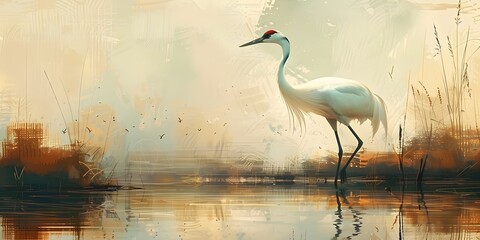 Fototapeta premium Elegant Crane Gliding Through Tranquil Marsh at Sunset or Sunrise Capturing the Beauty of Nature s Serenity