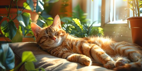 Contented Feline Lounging in Sunny Window Spot Peaceful Indoor Scene with Potted Plants