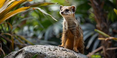 Mongoose Character Standing Alert Brave Defender in Nature Habitat - obrazy, fototapety, plakaty