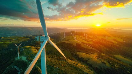 Capturing the synergy of technology and nature, a wind turbine stands on a hilly landscape under a sunset sky - obrazy, fototapety, plakaty