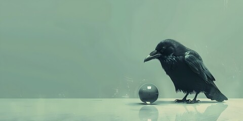 Fototapeta premium Curious Crow Collecting Shiny Metal Ball in Moody Minimalist Backdrop