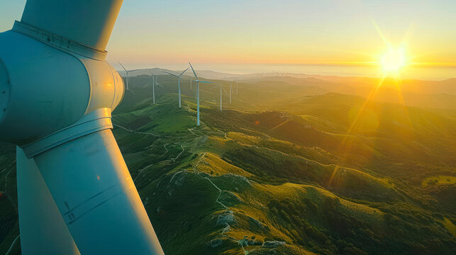 As dawn breaks, the image showcases a serene landscape dotted with wind turbines amidst lush greenery