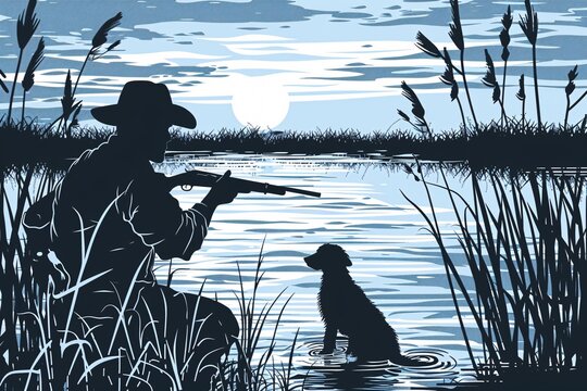 a man holding a gun and sitting in water with a dog