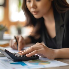 Focused Asian woman using a calculator for tax reduction planning and financial calculations - obrazy, fototapety, plakaty