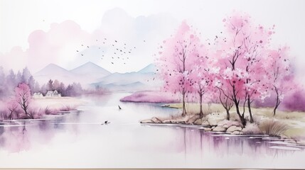 Pink Nature scenery watercolor line wash painting with trees, river, bushes and foliage. Aesthetic background for wallpaper and poster.