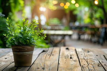 Cozy Outdoor Restaurant Terrace with Green Plants and Wooden Table, blurred background