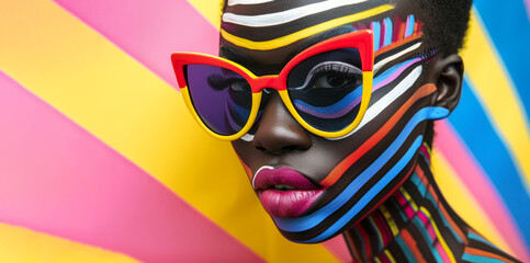 A woman with colorful face paint and sunglasses. background has a pattern of circles and dots....