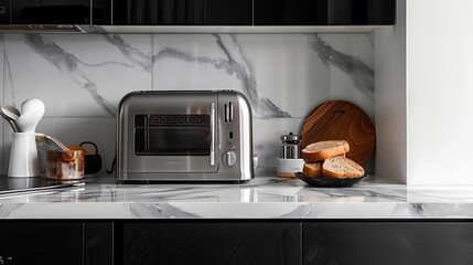 Sleek stainless steel toaster sitting on a marble kitchen island, promising crispy golden slices of toast.
