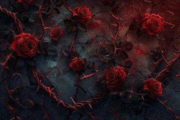 Crimson roses and thorny curly vines intertwined, symbol of passionate yet toxic love, dark romantic digital illustration