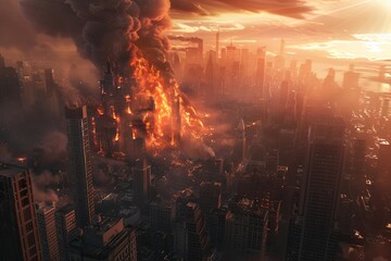 A large fire is raging through a city, engulfing buildings and creating a towering inferno that dominates the skyline. Generative AI