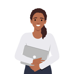 Young woman holding laptop computer. Flat vector illustration isolated on white background