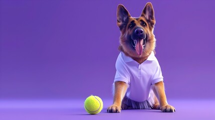 Furry Athlete:German Shepherd Competes in Surreal Tennis Match on Purple Court - obrazy, fototapety, plakaty
