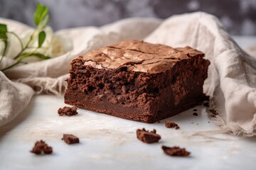 Tasty brownie on a marble slab against a natural linen fabric background