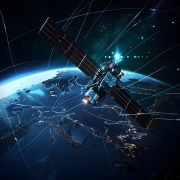 A high-tech telecom satellite in orbit around Earth, displaying holographic data on online connectivity and GPS services. The image represents futuristic technology in space communication.