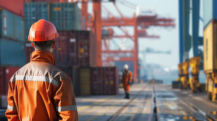 A worker or surveyor or stevedore in personal protective aids with container berth background