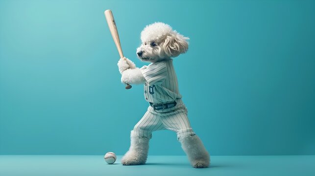 Surreal Poodle Baseball Player in Uniform Batting on Plain Blue Background