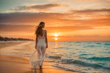 Full body back view shot of a woman in a long white summer dress walking on the beach, with the setting sun on the horizon. - Powered by Adobe