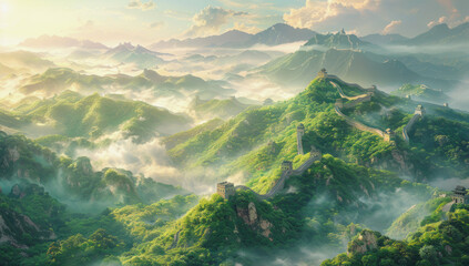 The Great Wall of China, with the wall winding on top of green mountains and shrouded in misty air