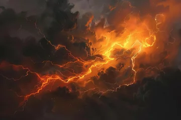 Foto op Aluminium Dramatic Orange Lightning Bolts Striking Across a Stormy Night Sky, digital art © furyon