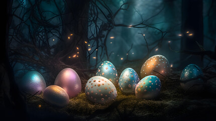 Invoking the charm of Easter, a luxurious display of Easter eggs covered in shiny metallic paint and glitter, positioned in a mystical forest scene bathed in the gentle glow of moonlight.