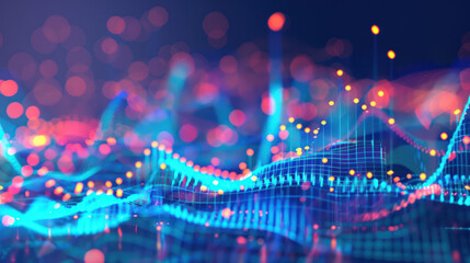 Paisaje de Datos Digitales en Azul Neón. Representación digital de datos y análisis en tonos de azul neón y rosa, con luces bokeh que sugieren innovación tecnológica y la complejidad del big data.