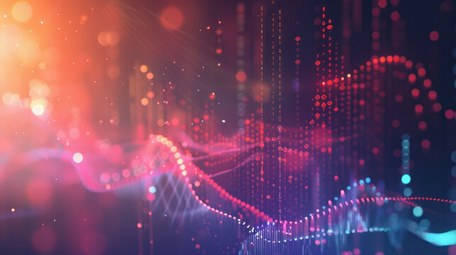 Paisaje de Datos Digitales en Azul Ne&oacute;n. Representaci&oacute;n digital de datos y an&aacute;lisis en tonos de azul ne&oacute;n y rosa, con luces bokeh que sugieren innovaci&oacute;n tecnol&oacute;gica y la complejidad del big data.