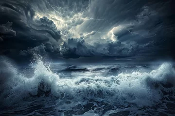Foto op Canvas Dramatic storm clouds and lightning over a turbulent ocean with crashing waves, moody seascape photography © furyon