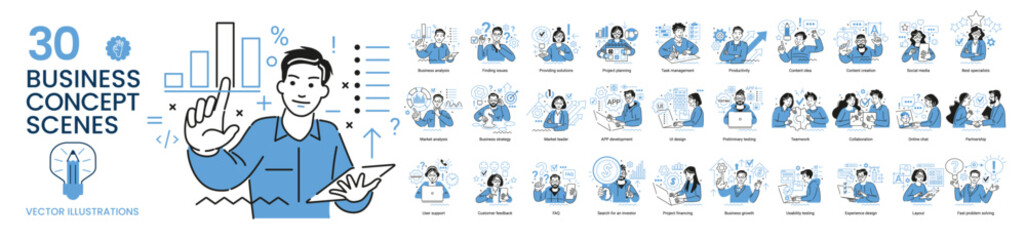 Mega set. Collection of different business concept scenes and situations. Human with icons and images. Taking part in business activities, digital marketing, business concept, workflow scenes. - obrazy, fototapety, plakaty