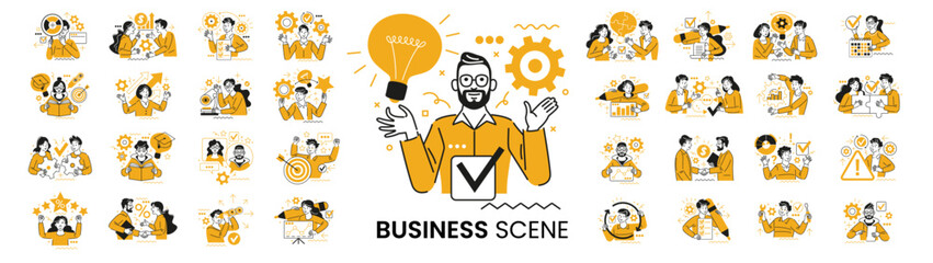 Mega set. Collection of different business concept scenes and situations. Human with icons and images. Taking part in business activities, digital marketing, business concept, workflow scenes.