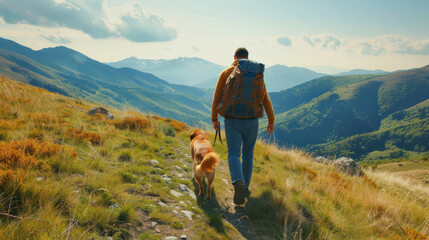 Un hombre blanco cargando una mochila de senderismo y su perro de senderismo por una montaña con luz día